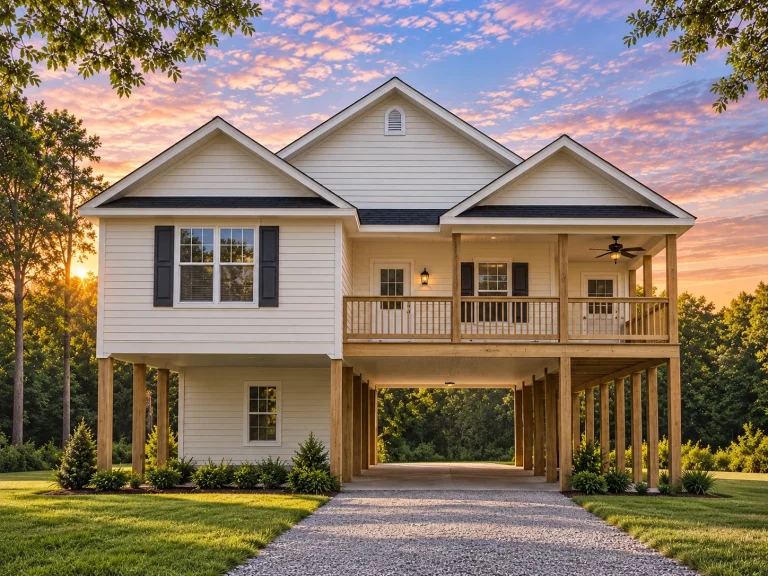 Classical House Plans 8 Front exterior of a raised Coastal Low Country style home with horizontal siding, elevated foundation, and wide covered porch
