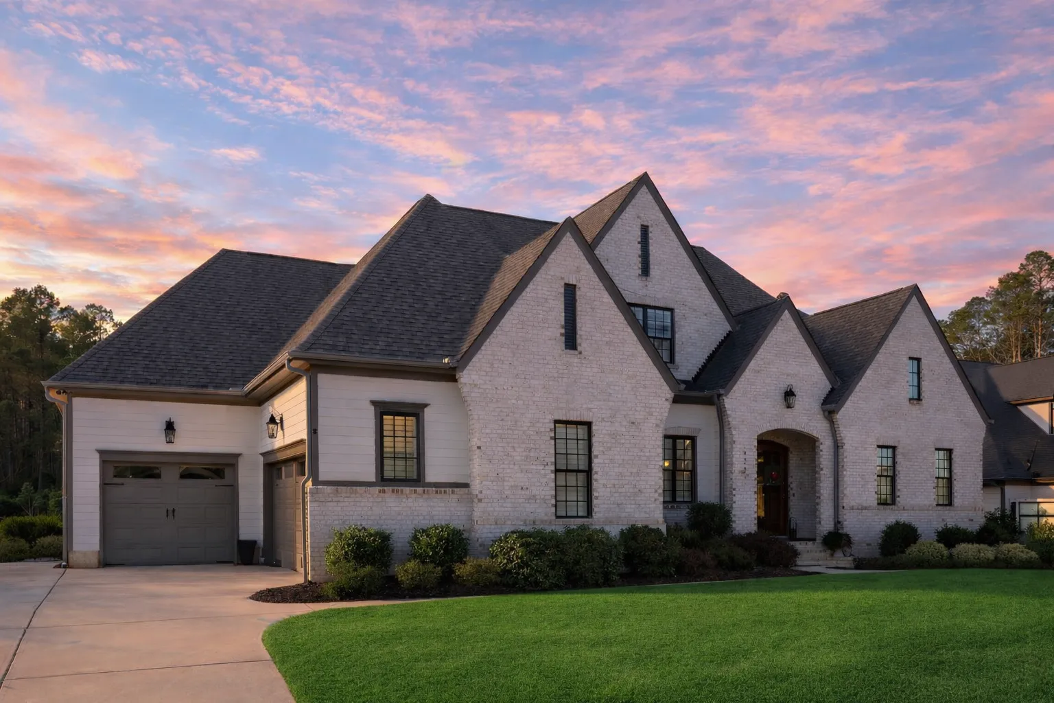 Front elevation of a New American style home with light brick exterior, steep gables, black windows, and balanced modern traditional architecture