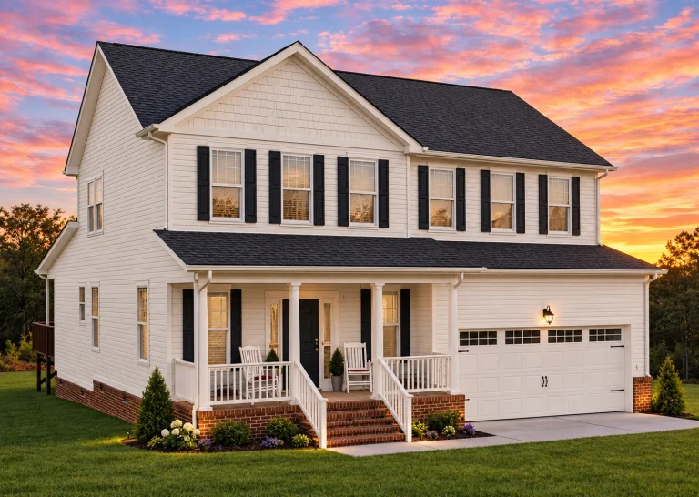 Front view of a Traditional Colonial style home with blue shutters, gray siding, and brick foundation accents beneath a welcoming covered porch.