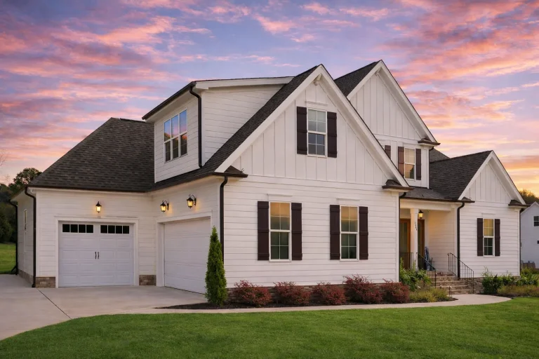 Front elevation of a modern farmhouse style home featuring white board and batten siding, stone accents, black windows, and a welcoming covered front porch