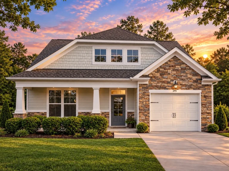 7 Bedroom House Plans 4 Front elevation of a Traditional Craftsman style home featuring stone façade, horizontal siding, shake gable accents, and a single-car garage with wood doors