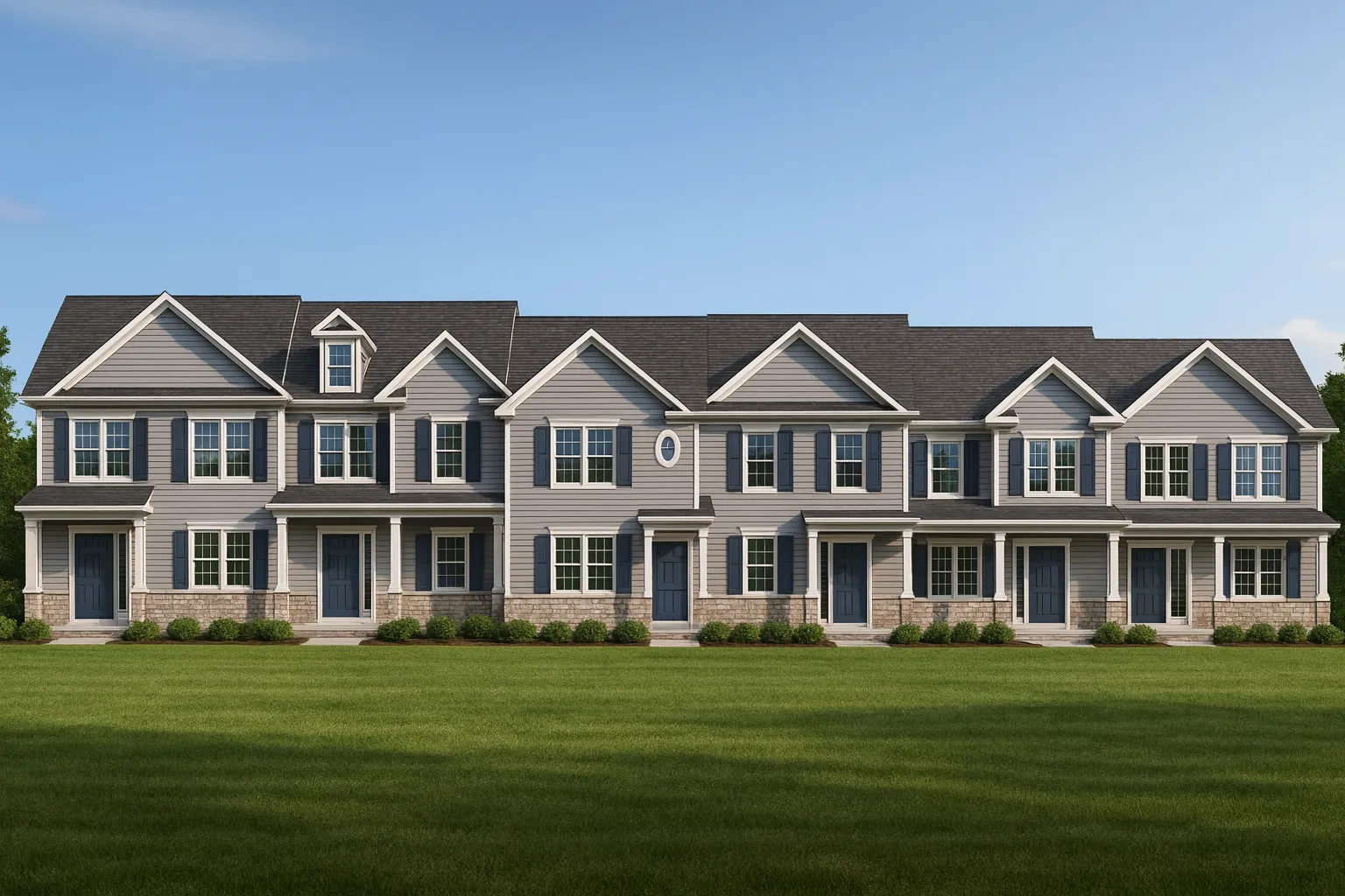 Front view of Colonial Traditional style multi-unit townhome featuring symmetrical façade, horizontal lap siding, and gabled dormers under a dark roofline