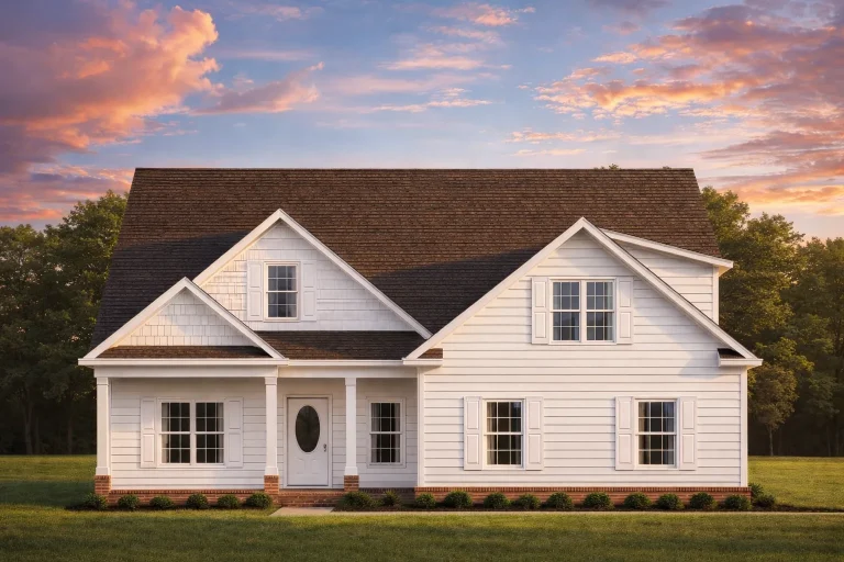 Front view of a Traditional Colonial style house with blue horizontal lap siding, shingle gables, white trim, and a brick foundation accent