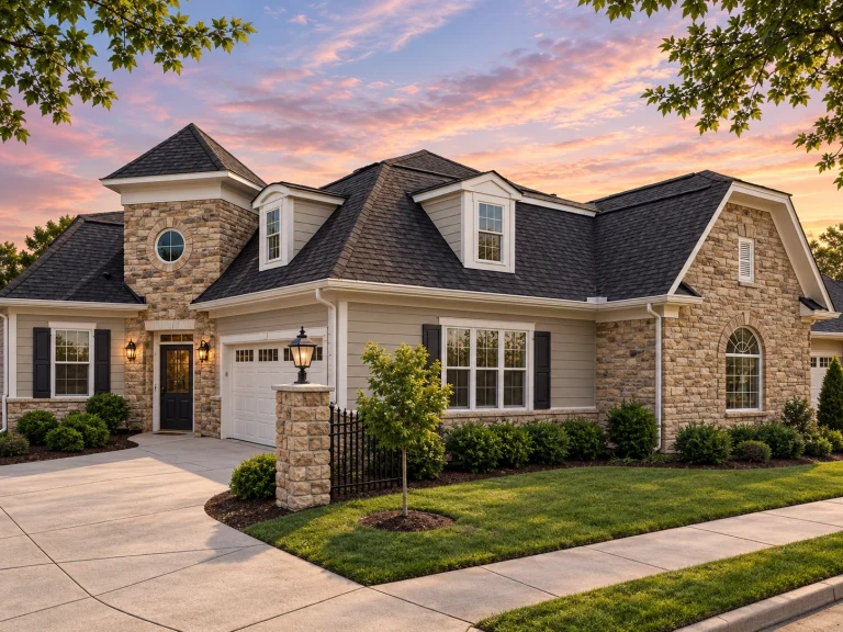 Front elevation of Traditional brick suburban home with lap siding, shake accents, gabled rooflines, and arched window detailing