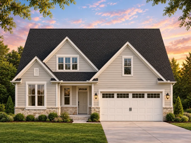 Front elevation of a Modern Farmhouse with white lap siding, steep gables, covered entry porch, and a two-car garage with carriage-style doors