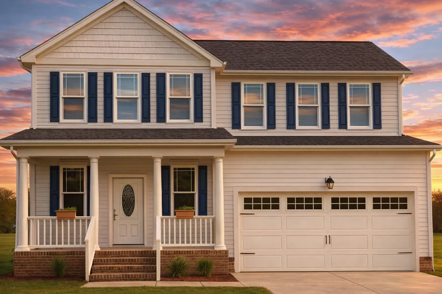 Front view of a Traditional Colonial style home with blue shutters, gray siding, and brick foundation accents beneath a welcoming covered porch.