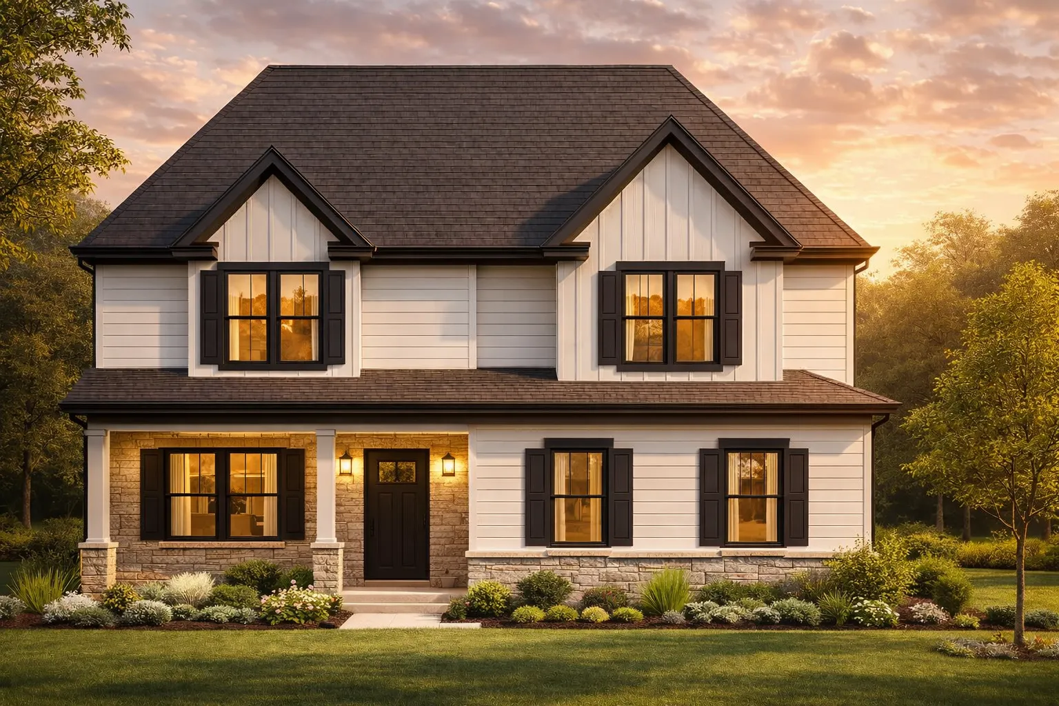 Front elevation of a New American modern farmhouse home with board and batten siding, stone accents, black shutters, and symmetrical two-story design
