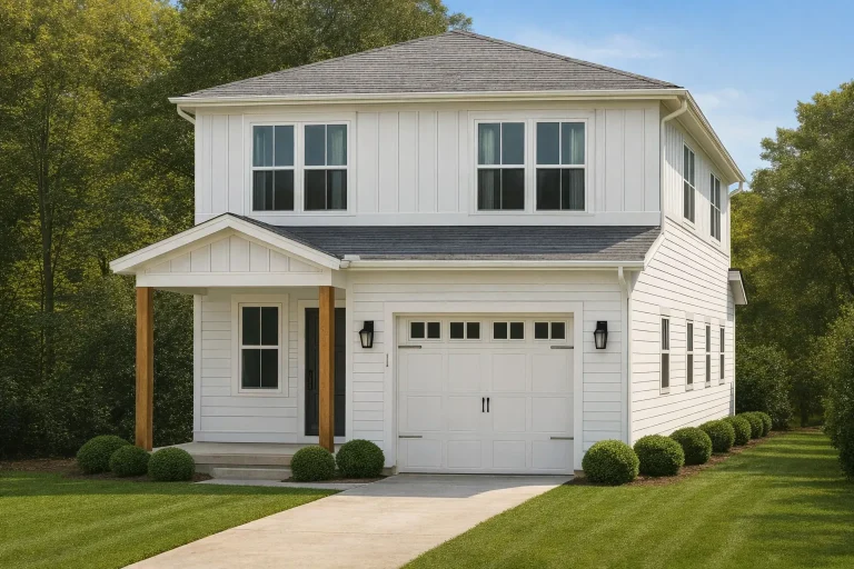 Front exterior view of a Coastal New American style two-story home featuring board and batten siding, covered porch, and front-entry garage