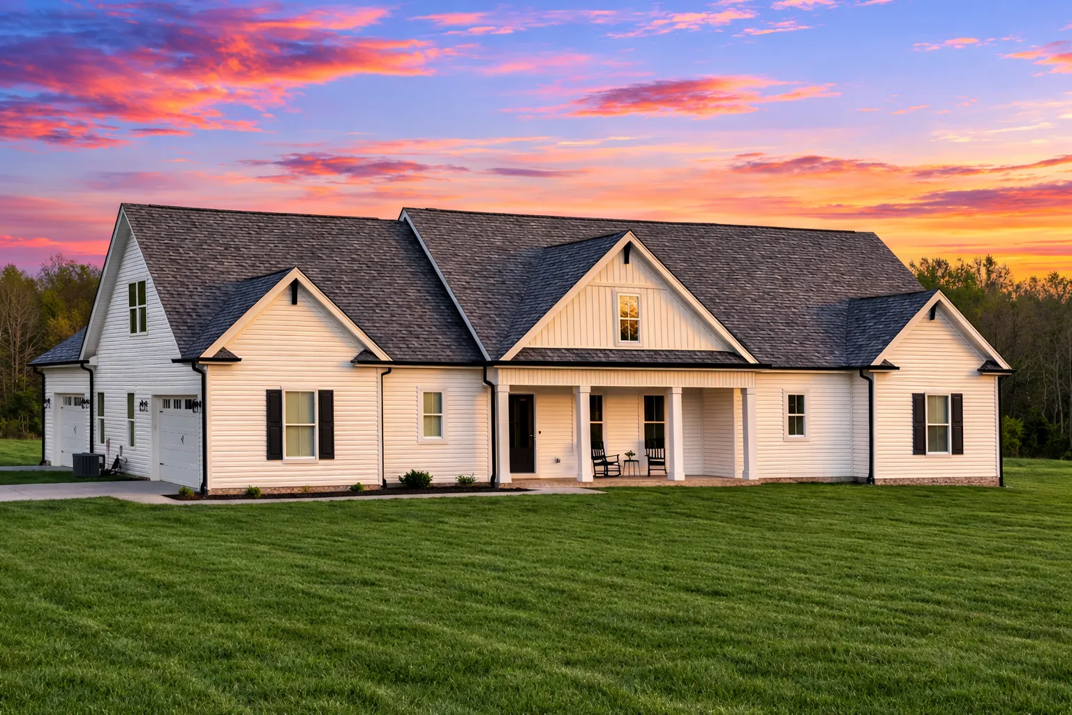 Front elevation of a Modern Farmhouse style home featuring white board and batten siding, stone foundation accents, black windows, and a covered front porch