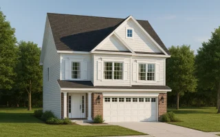 Front elevation of a Traditional Colonial style home featuring a balanced façade with horizontal siding, stone accents, and symmetrical window placement.