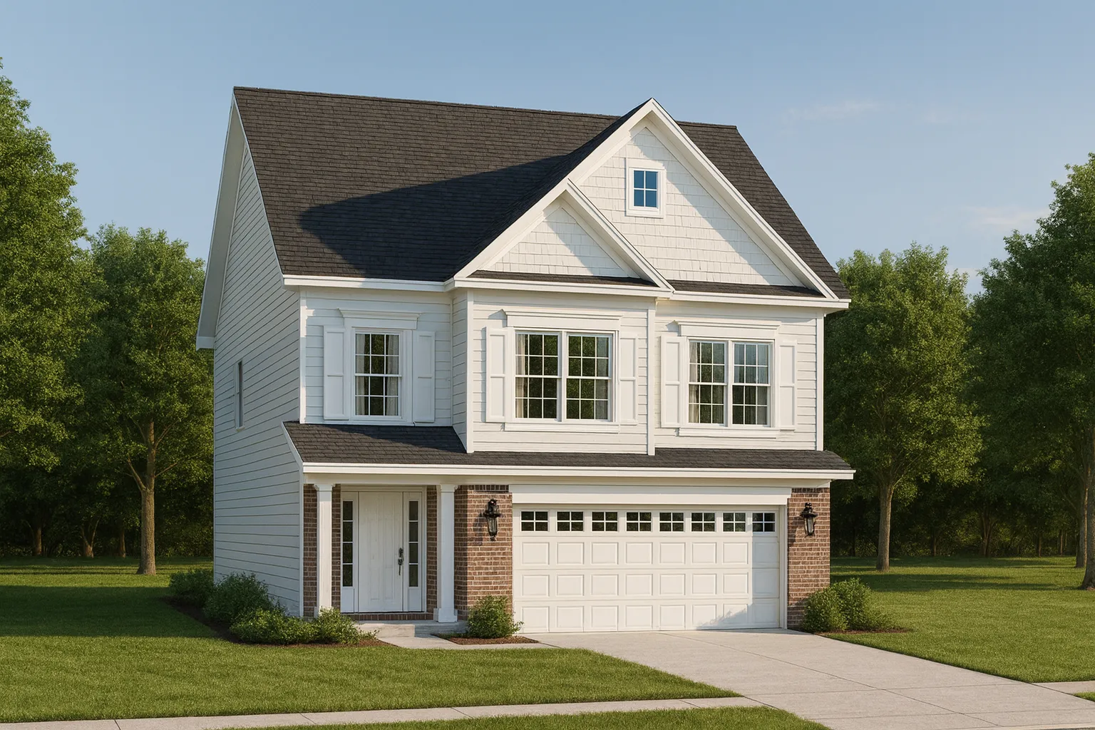 Front elevation of a Traditional Colonial style home featuring a balanced façade with horizontal siding, stone accents, and symmetrical window placement.