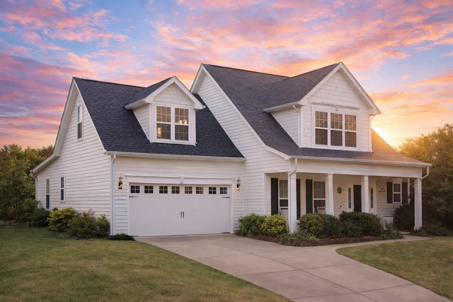 Front view of a Traditional Colonial style two-story home with light siding, black shutters, and a double garage featuring classic architectural symmetry.