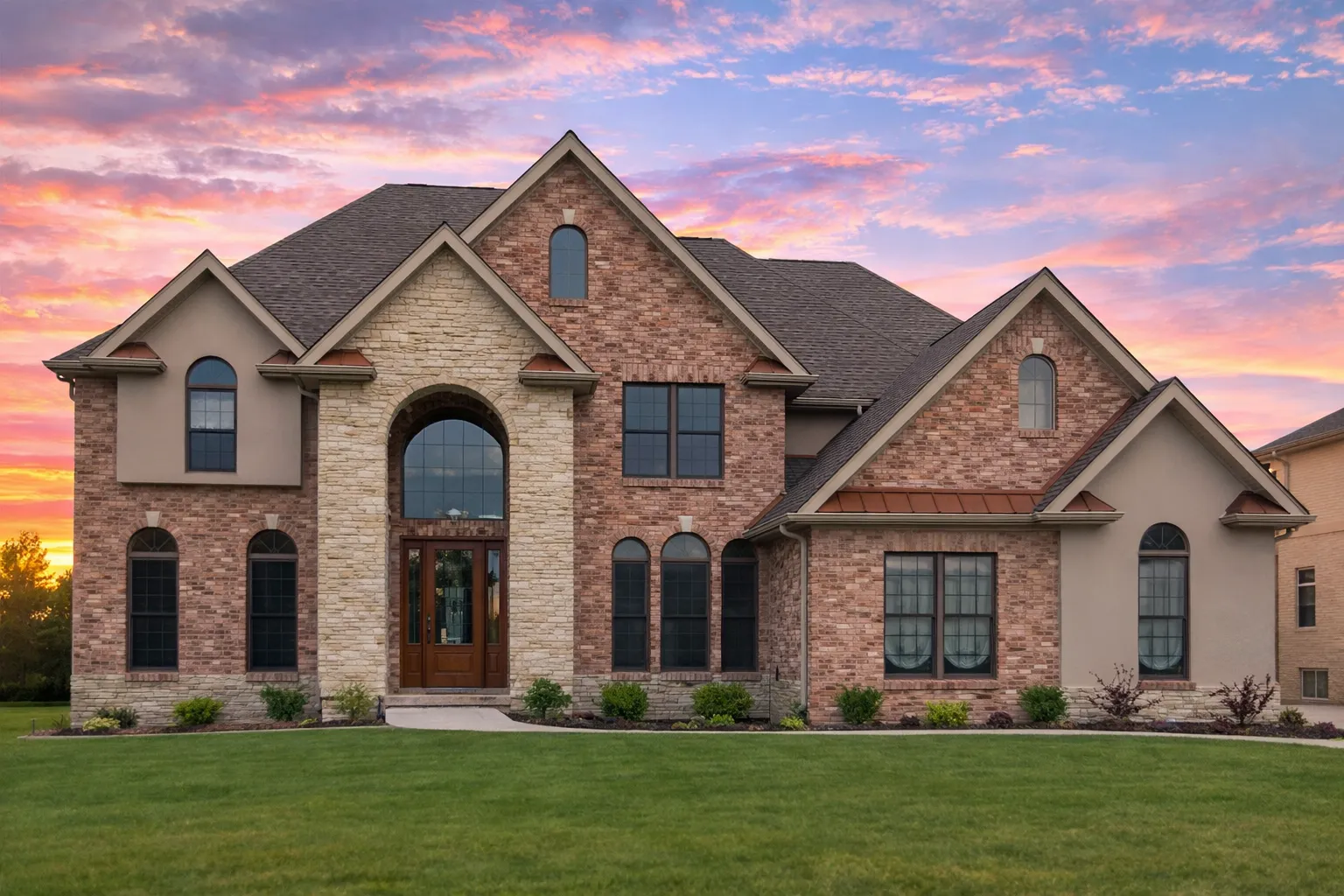Front elevation of a Traditional Colonial style home featuring a red brick exterior, arched entry doorway, multi-pane windows, and balanced two-story symmetry