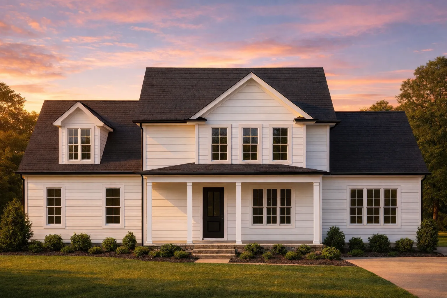 Front view of a Traditional Colonial style home featuring horizontal siding, stone accents, gabled dormers, and a symmetrical two-story design with a central entryway.
