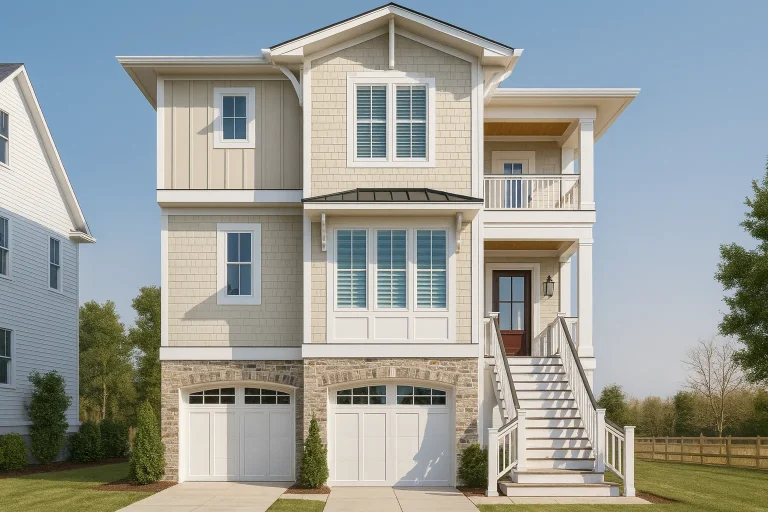 Front elevation of a Charleston and Low Country coastal style home with board and batten siding, stone accents, elevated porch, and double garage
