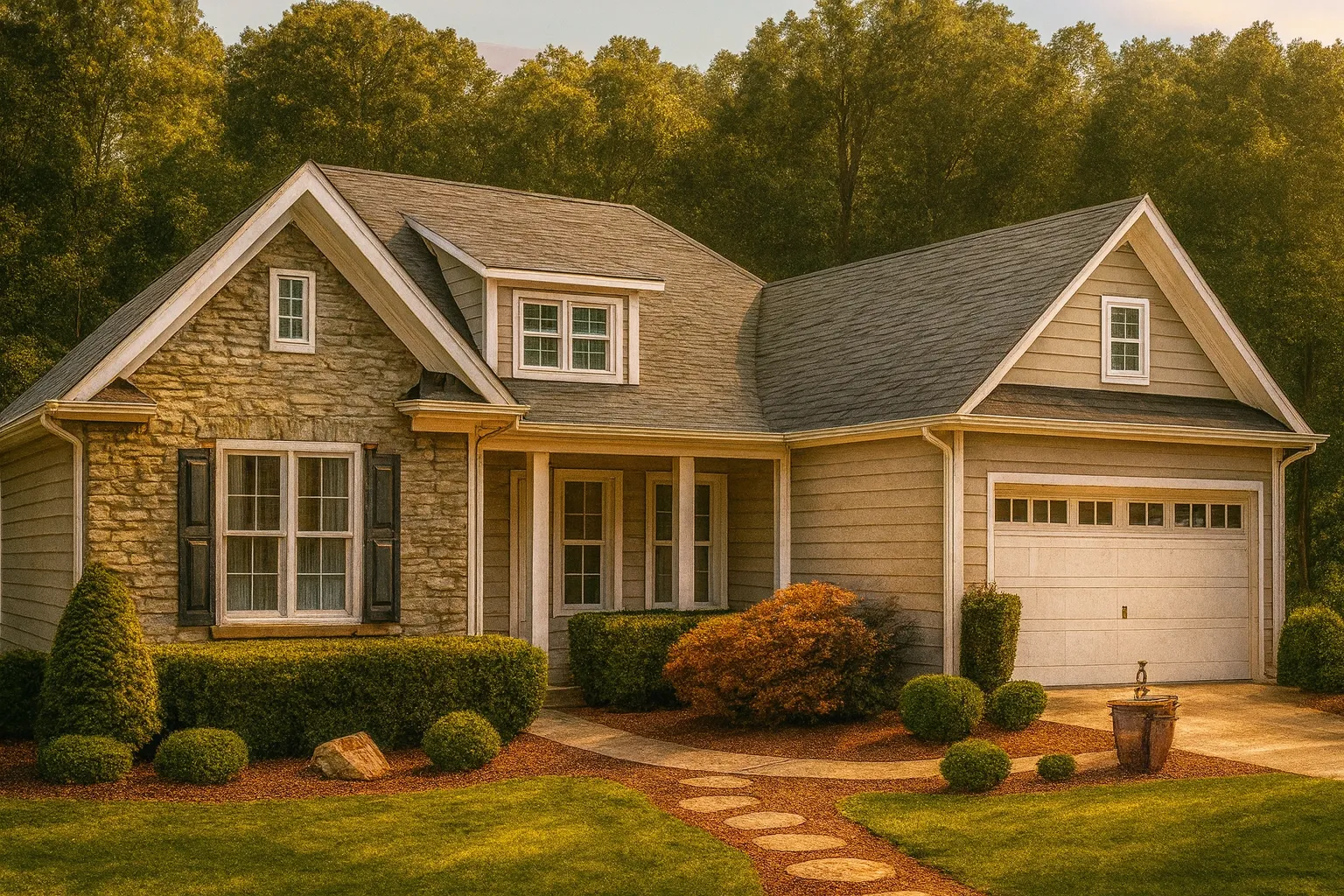 Front view of a Traditional Colonial style home featuring stone and siding exterior, gabled rooflines, and a welcoming front porch entry