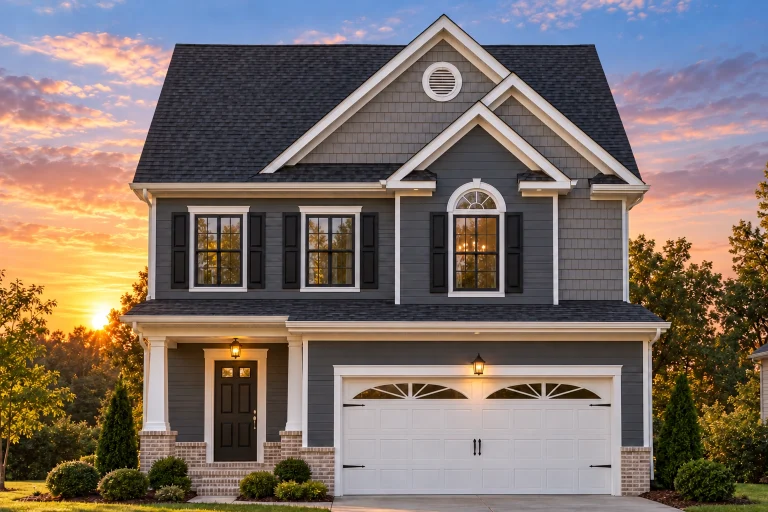 Southwestern House Plans 21 Front elevation of a Traditional Colonial style two-story home featuring stone accents, arched windows, and horizontal siding exterior.