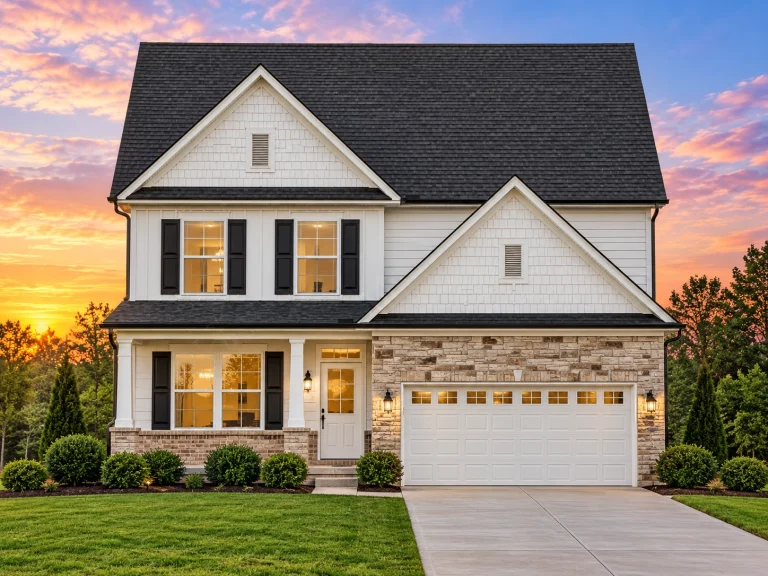 Modern Farmhouse House Plans 6 Front view of a Modern Farmhouse style home with board and batten siding, stone accents, and a two-car garage featuring a symmetrical gable design and dark roof shingles