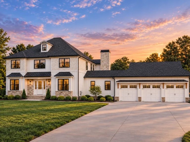 Modern Suburban House Plans 12 Front exterior of a Traditional Colonial style home featuring brick facade, horizontal siding, symmetrical windows, gabled rooflines, and a side-entry garage