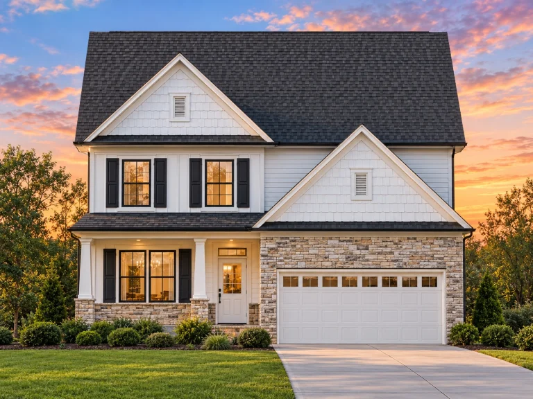 Southern House Plans 8 Front view of a Modern Farmhouse style home with board and batten siding, stone accents, and a two-car garage featuring a symmetrical gable design and dark roof shingles