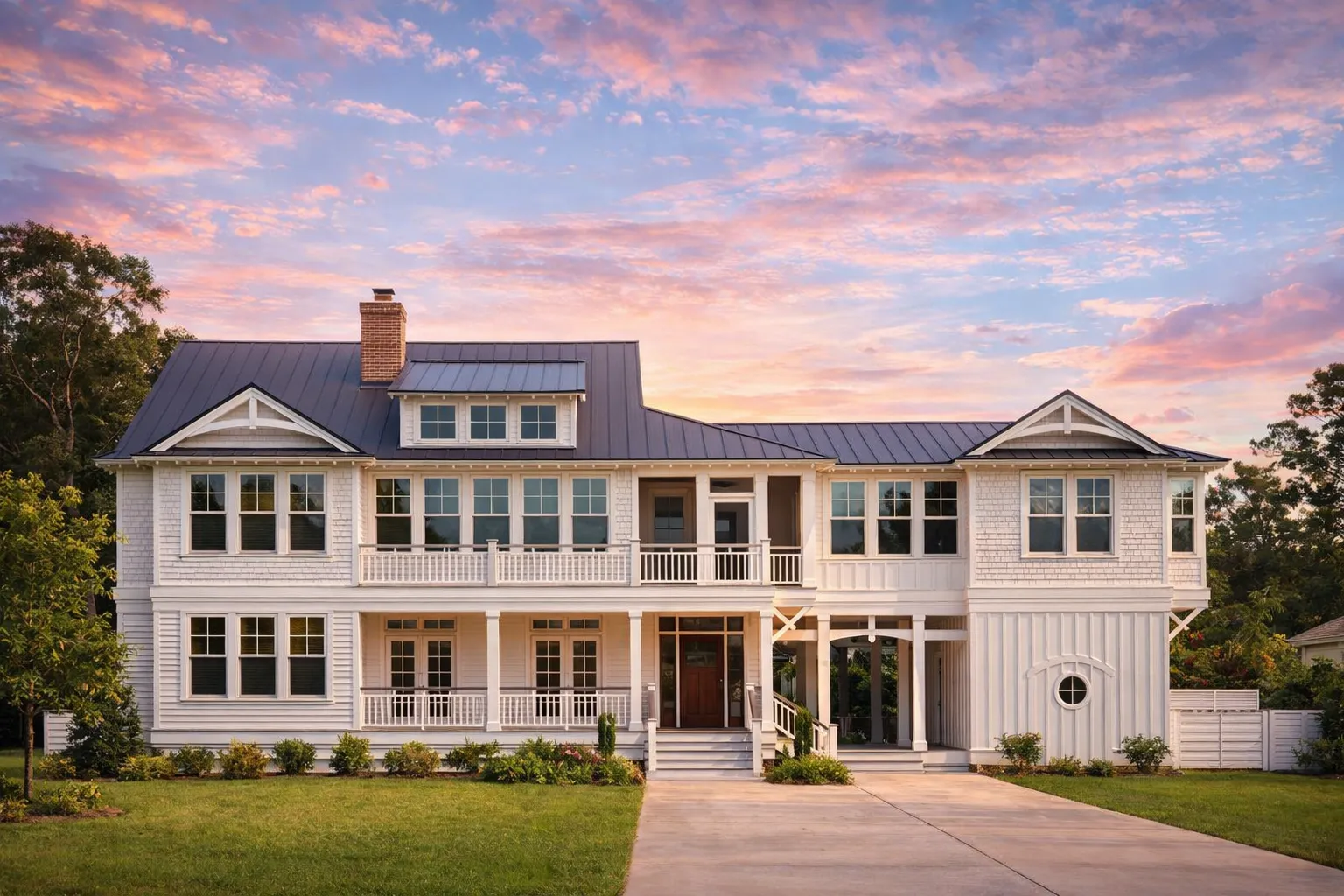 Front elevation of Coastal Traditional home with white horizontal lap siding, classical columns, covered porches, and symmetrical Colonial-inspired facade