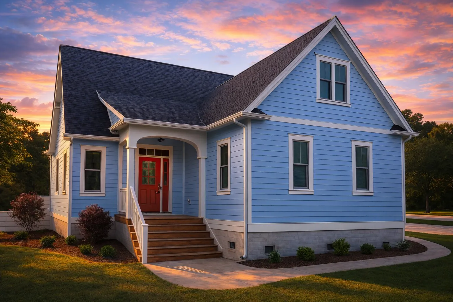 Front view of a Traditional Cape Cod Cottage home featuring yellow horizontal siding, steep gables, and a charming red front door beneath a covered entry porch.