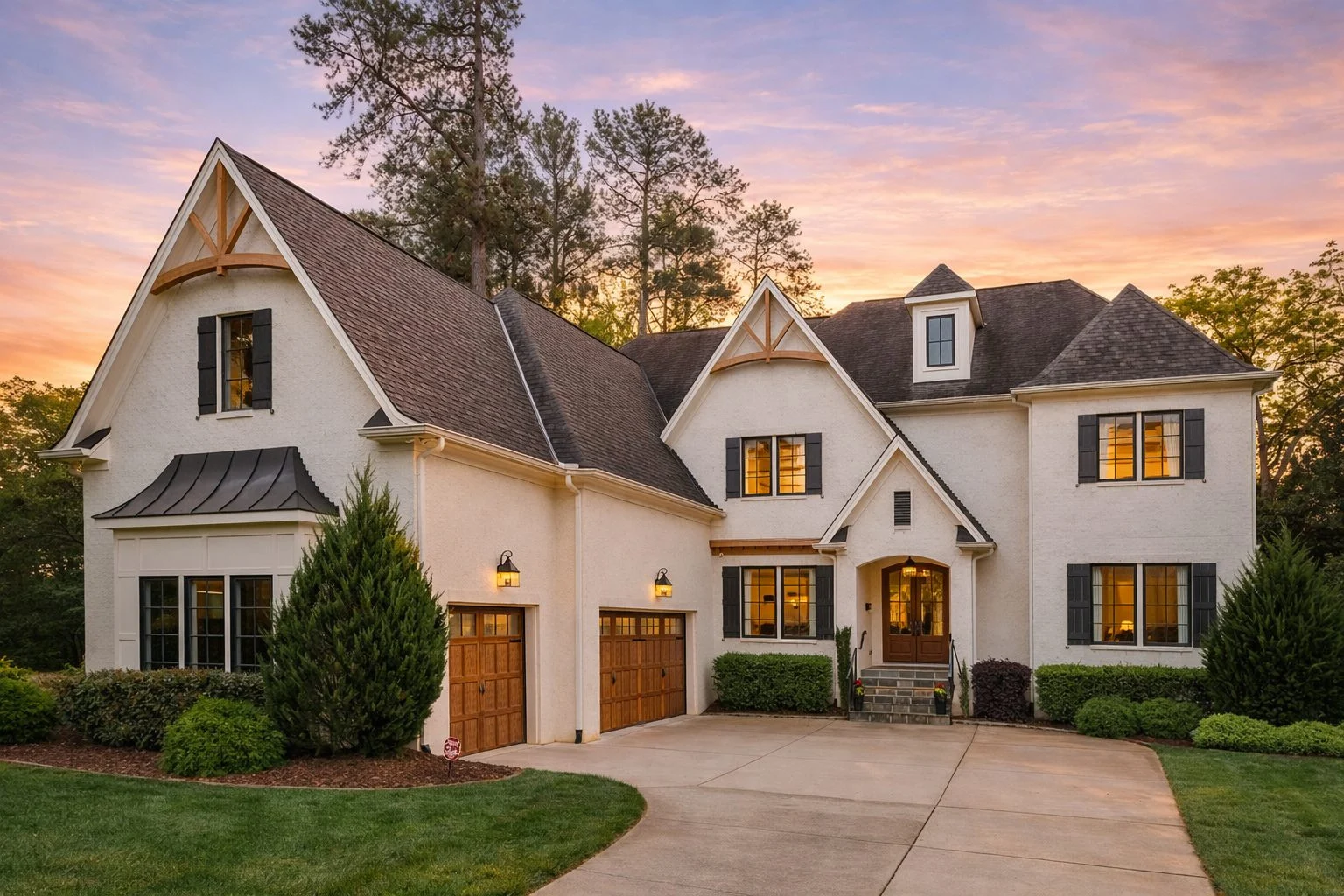 Front elevation of a New American Modern Traditional style home with horizontal siding, stone accents, steep gabled rooflines, and symmetrical windows