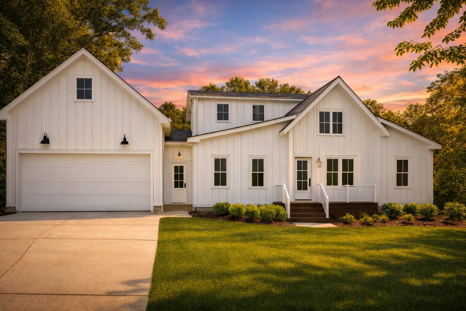 Front view of a Modern Farmhouse with board and batten exterior, symmetrical gables, and clean architectural lines surrounded by lush landscaping