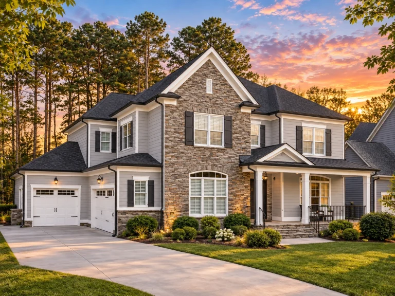 Front elevation of a New American (modern traditional) two-story home with stone veneer, lap siding, wood shutters, and a covered front porch entry