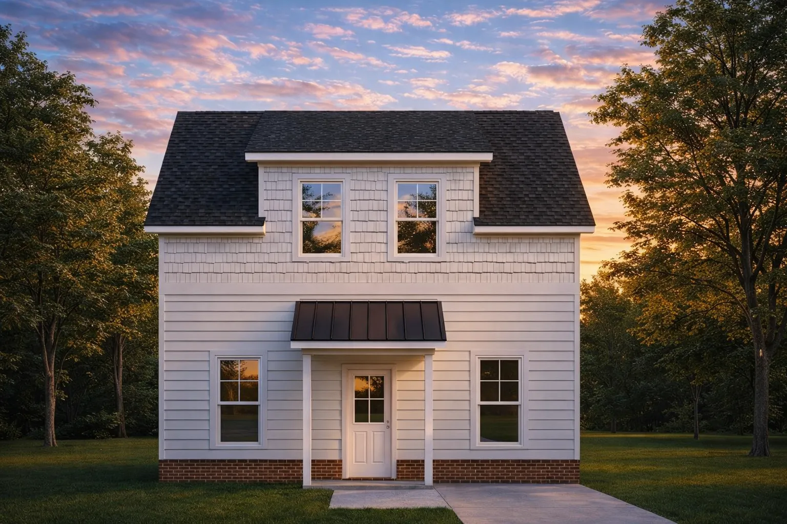 Front elevation of an American Foursquare style home with traditional lap siding, symmetrical windows, and a centered covered entry