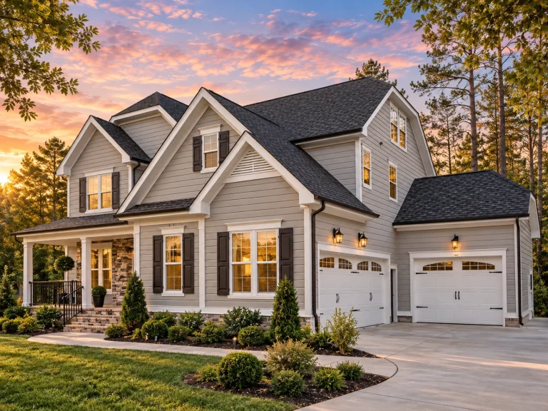 Front elevation of a New American (Modern Traditional) two-story house with horizontal lap siding, stone veneer accents, and brick porch steps