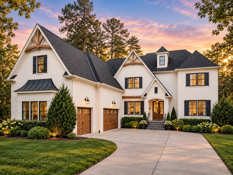 Front elevation of a New American Modern Traditional style home with horizontal siding, stone accents, steep gabled rooflines, and symmetrical windows