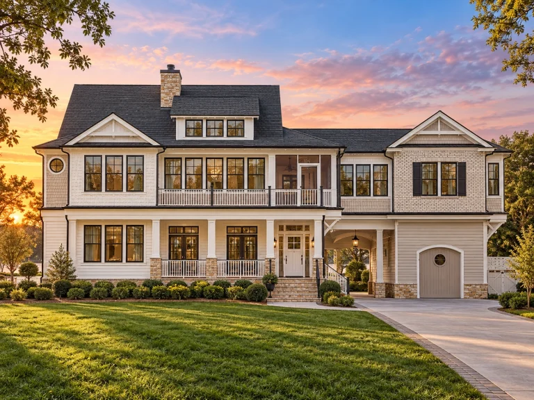 Tudor House Plans 23 Front elevation of Coastal Traditional home with white horizontal lap siding, classical columns, covered porches, and symmetrical Colonial-inspired facade