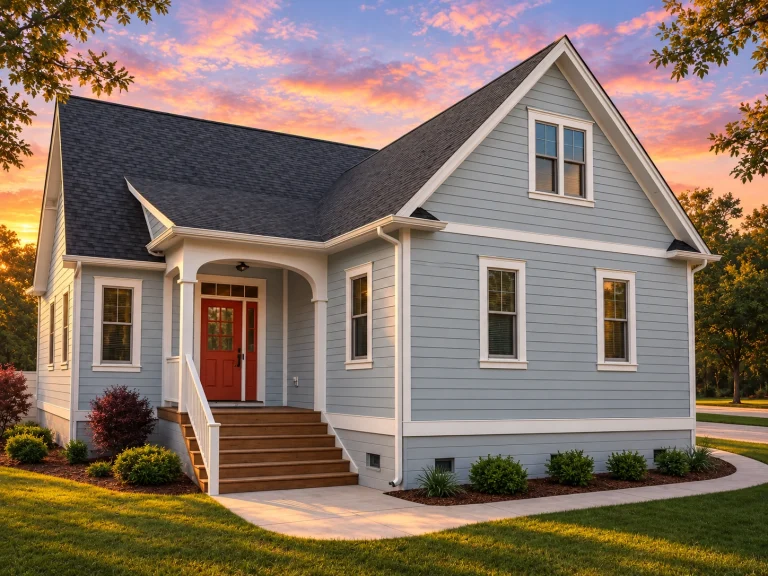 Front view of a Traditional Cape Cod Cottage home featuring yellow horizontal siding, steep gables, and a charming red front door beneath a covered entry porch.