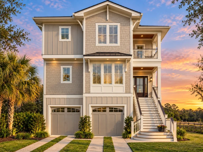 Front elevation of a Charleston and Low Country coastal style home with board and batten siding, stone accents, elevated porch, and double garage