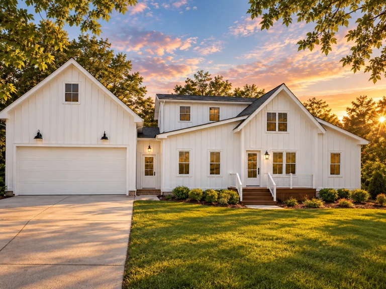 Front view of a Modern Farmhouse with board and batten exterior, symmetrical gables, and clean architectural lines surrounded by lush landscaping