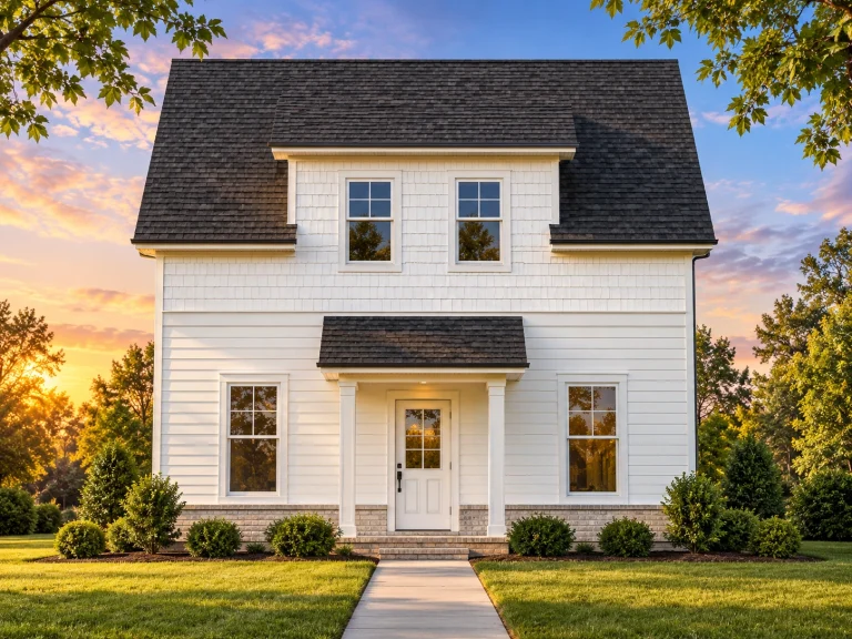 Best-Selling House Plans for Builders 16 Front elevation of an American Foursquare style home with traditional lap siding, symmetrical windows, and a centered covered entry