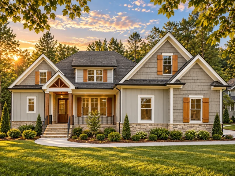 Front elevation of a Modern Farmhouse style home with board-and-batten siding, gable dormers, covered porch, and wood shutters