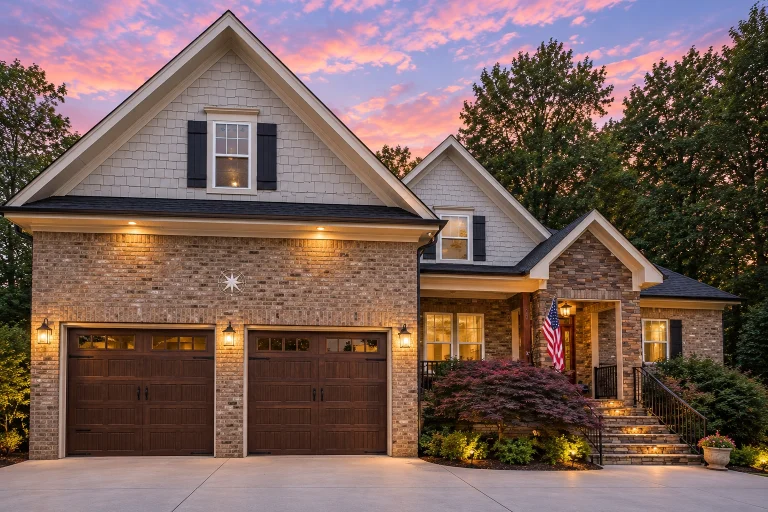 Front view of a Traditional Transitional style home featuring horizontal lap siding, stone accents, and board-and-batten gables with a welcoming covered porch entry