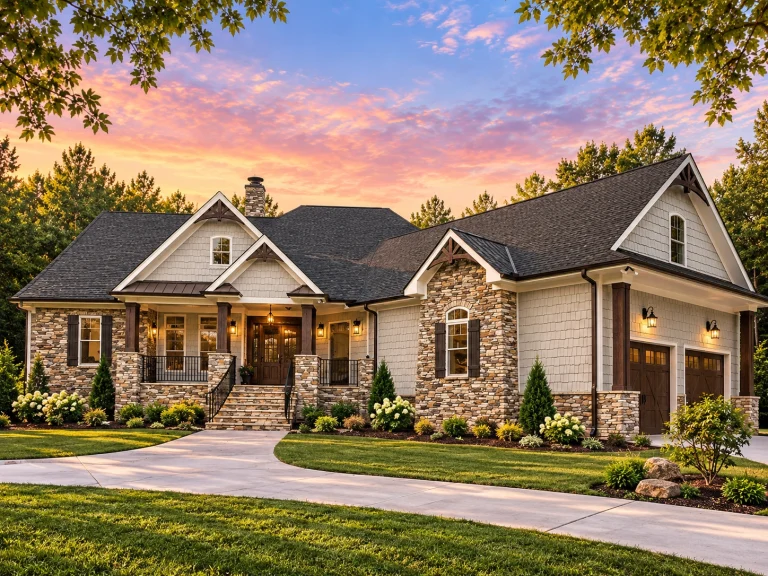 Front elevation of a Craftsman Ranch style home featuring stone veneer, horizontal lap siding, gabled rooflines, and a welcoming covered porch