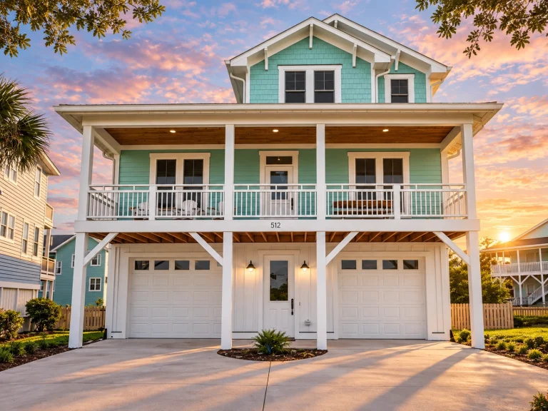Front exterior view of a Coastal Beach House with elevated design, horizontal siding, covered porches, and double garage