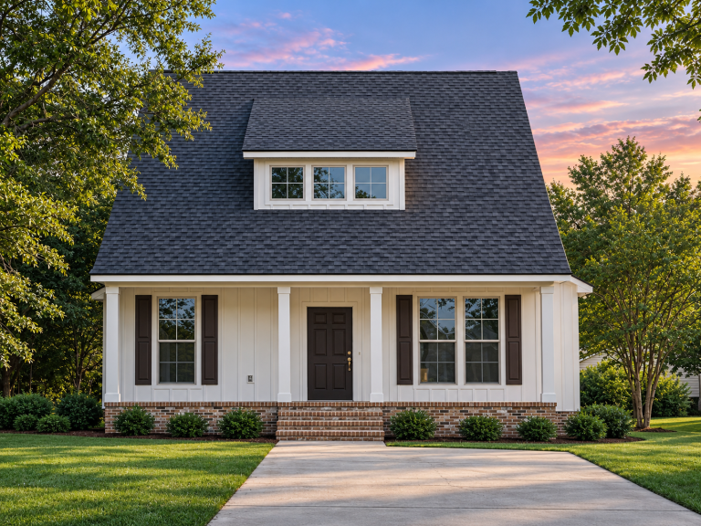 House Plans with Fireplace 17 Front elevation of a Cape Cod Cottage style home featuring white horizontal siding, black shutters, dormer window, and a classic gable roof design