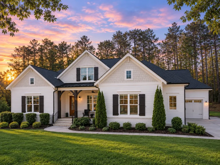 Front elevation of a Modern Farmhouse and New American style home featuring board and batten siding, black window accents, gabled rooflines, and a welcoming covered front porch