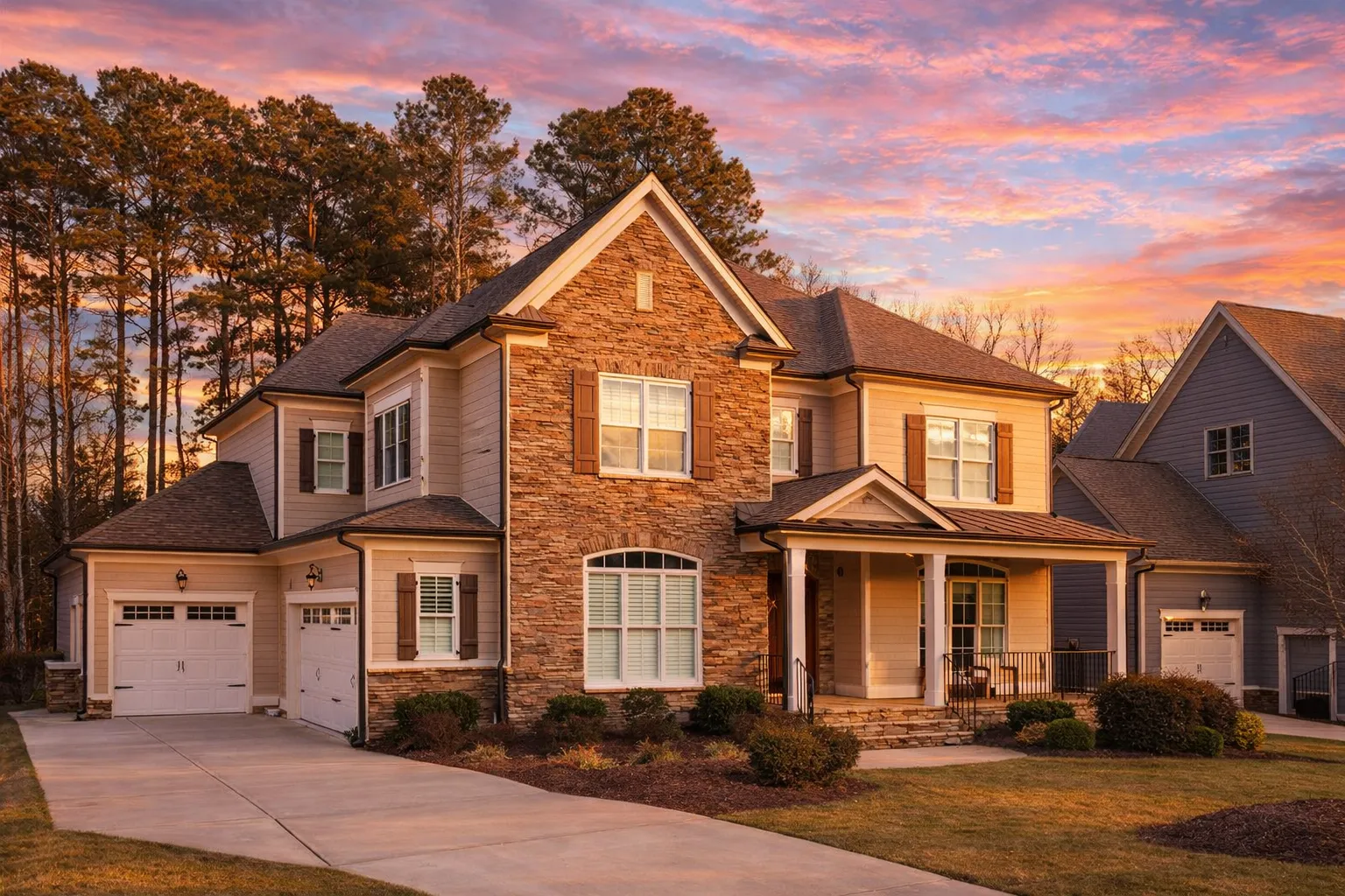 Front elevation of a New American (modern traditional) two-story home with stone veneer, lap siding, wood shutters, and a covered front porch entry
