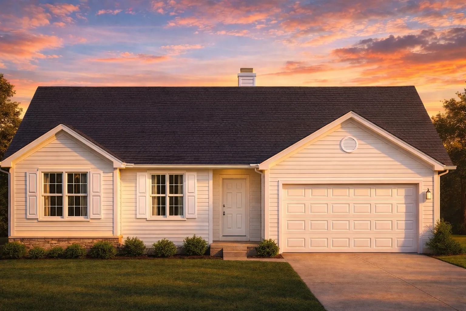 Front elevation of a Traditional Ranch style home featuring horizontal lap siding, stone water table, dark shutters, and a two-car garage