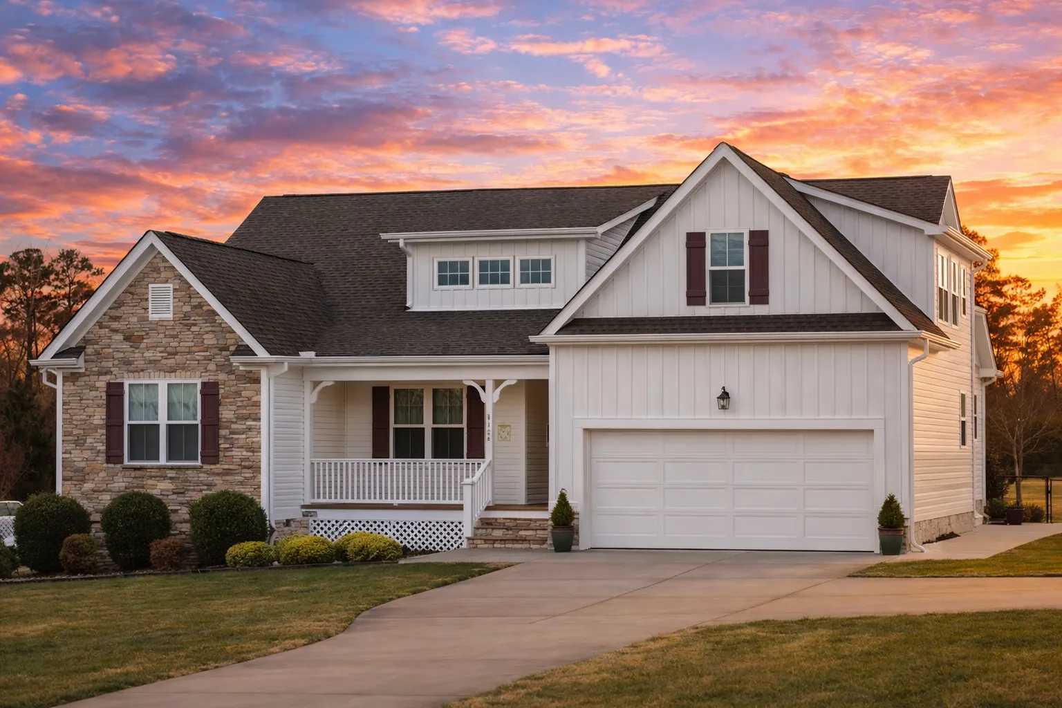 Front elevation of a Modern Farmhouse style home featuring board and batten, horizontal siding, shingle accents, and stone veneer exterior