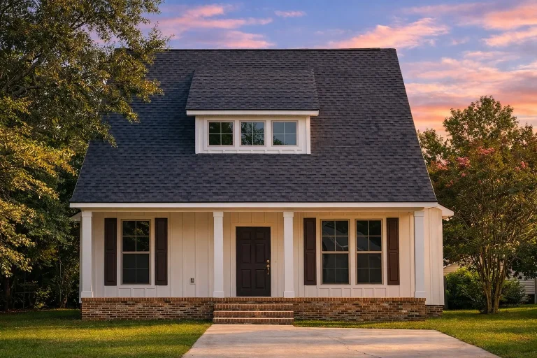 Front elevation of a Cape Cod Cottage style home featuring white horizontal siding, black shutters, dormer window, and a classic gable roof design
