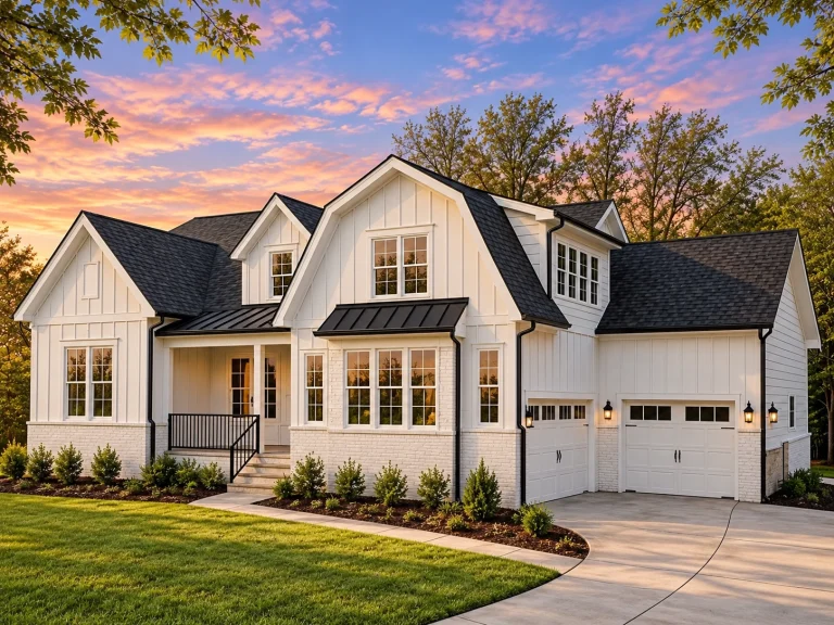 House Plans with Fireplace 16 Front elevation of a modern farmhouse style home featuring white board and batten siding, black metal awnings, and a two-car garage