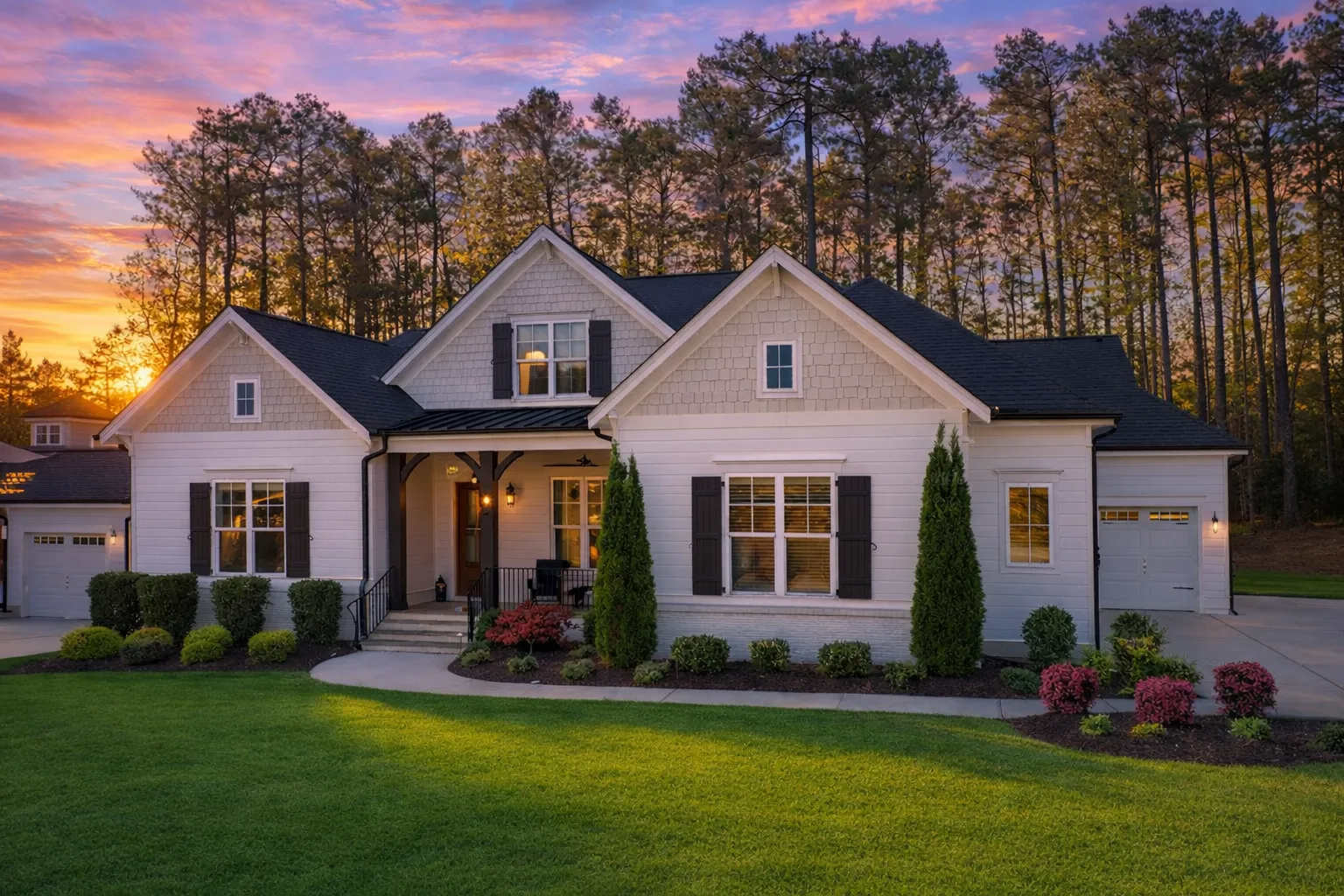Front elevation of a Modern Farmhouse and New American style home featuring board and batten siding, black window accents, gabled rooflines, and a welcoming covered front porch