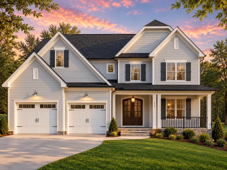 Front elevation of a New American Traditional Colonial style home with horizontal lap siding, board-and-batten accents, symmetrical windows, and a covered front porch